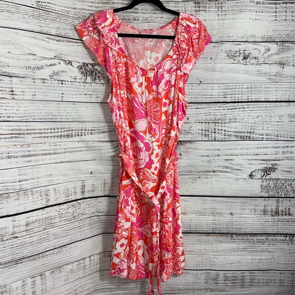 Lilly pulitzer Maya dress Womens Size XL Floral in tango Belted Rayon spring - Picture 2 of 11